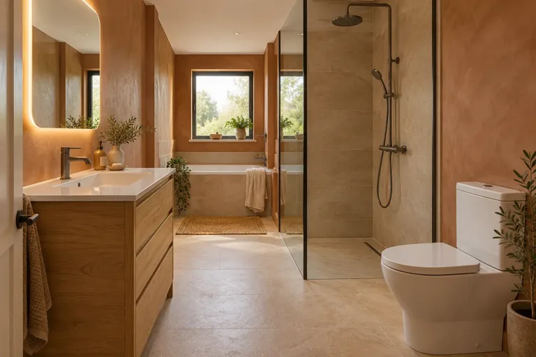 AI bathroom concept: Earthy colour, oak furniture and gunmetal for a grounded family bathroom.