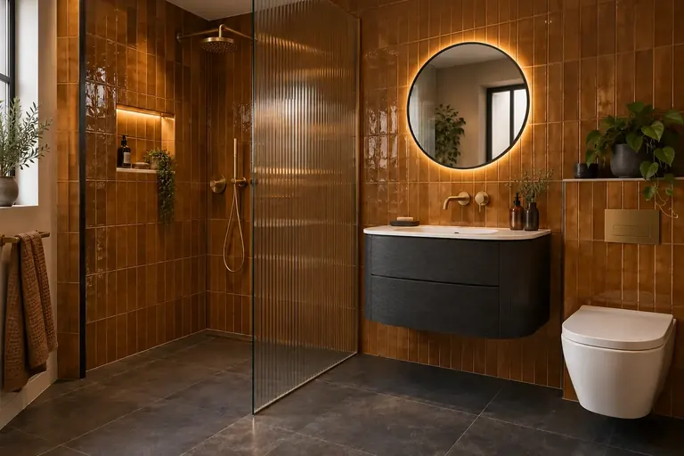 AI bathroom concept: Amber feature tiles against a dark floor, finished with warm brass details.