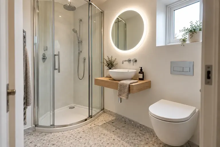 AI bathroom concept: A space-saving 600mm oak shelf and countertop basin for a compact en suite.