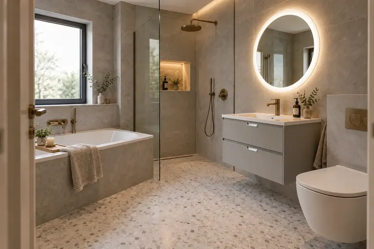 AI bathroom concept: Soft grey stone, pale terrazzo and bronze details for a relaxed bathroom.