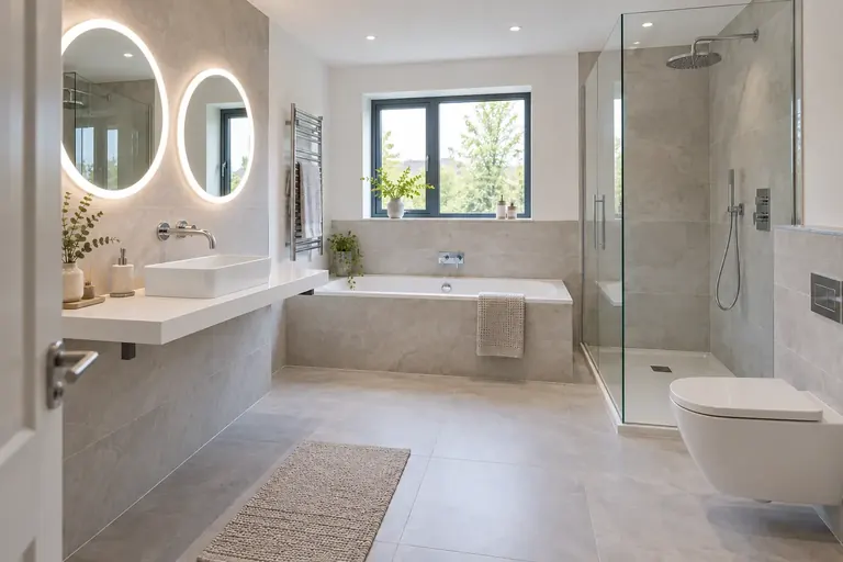 AI bathroom concept: A shared 1200mm vanity direction with twin-basin planning and clean chrome details.