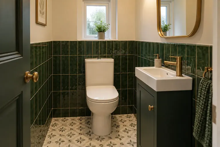 AI bathroom concept: Bottle-green colour and brass in a compact cloakroom with useful closed storage.