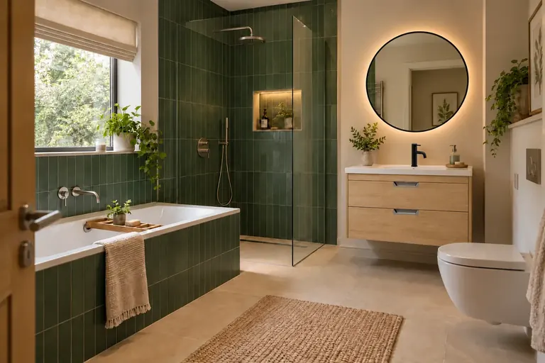 AI bathroom concept: Forest green, oak and coordinated matte-black details for a natural bathroom with plenty of warmth.