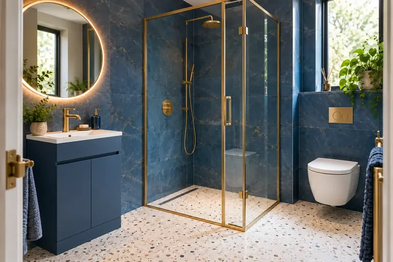 AI bathroom concept: Blue porcelain, a white floor and brass for a brighter character-led shower room.