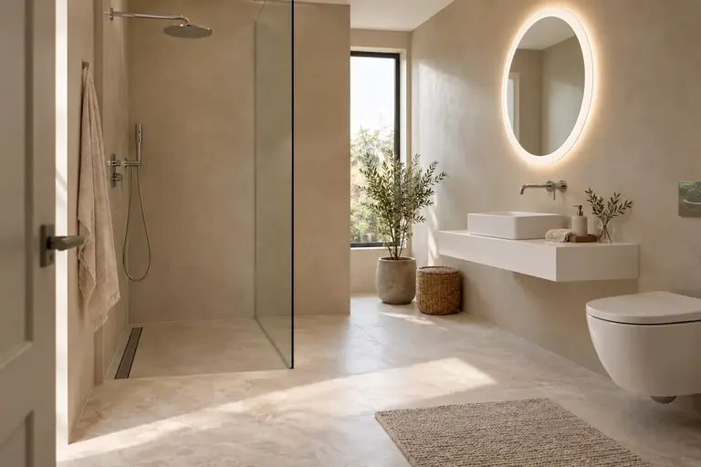 AI bathroom concept: Sand-toned walls simplified with a white shelf, vessel basin and chrome details.