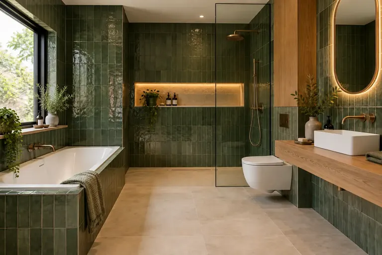 AI bathroom concept: Rich green gloss, oak and bronze arranged as a generous spa-style starting point.