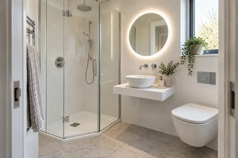 AI bathroom concept: A crisp 600mm white basin zone with pale stone flooring and straightforward chrome.