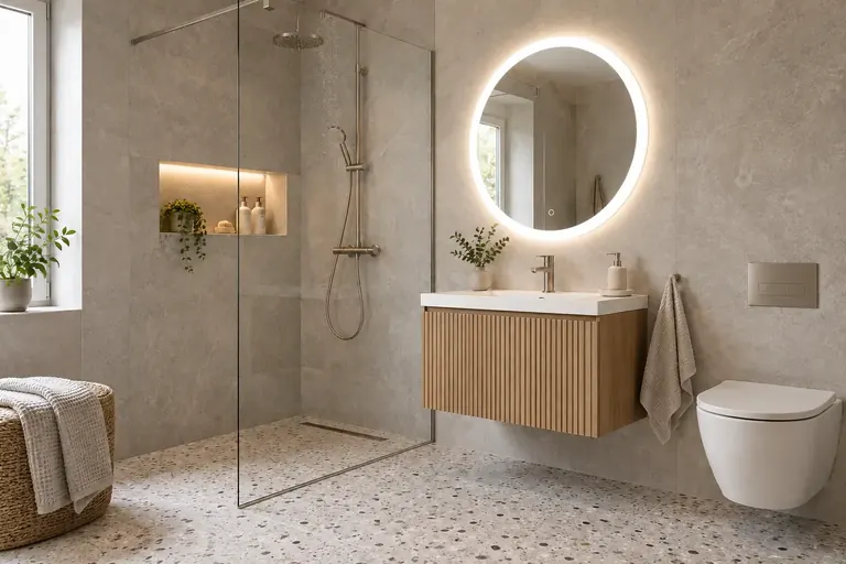 AI bathroom concept: Light grey stone and terrazzo with clean chrome details for a quiet, practical family room.