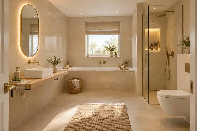 AI bathroom concept: Warm ivory and sand planned around a 1200mm double-basin requirement.