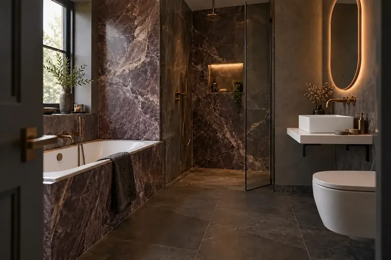 AI bathroom concept: A boutique combination of expressive marble colour, dark flooring and bronze.