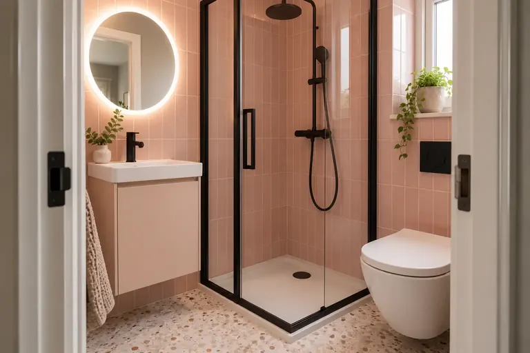 AI bathroom concept: Blush gloss tiles and black details give a small en suite more personality.