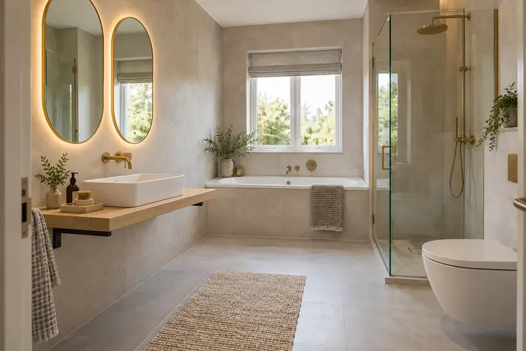 AI bathroom concept: A practical shared basin zone with oak, light stone and warm brass.