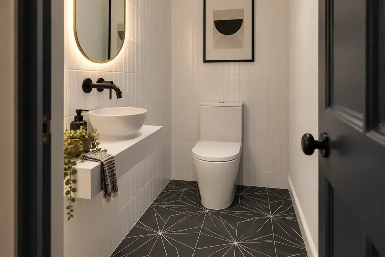 AI bathroom concept: A compact monochrome cloakroom with a 600mm shelf and wall-mounted tap.