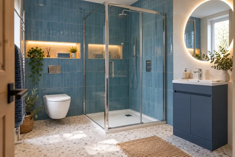 AI bathroom concept: Blue gloss, pale terrazzo and chrome create a brighter coastal shower-room feel.